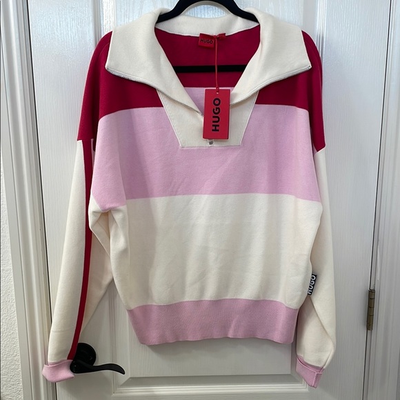 HUGO Tops - HUGO Oversized Red and Pink Polo Collar Sweatshirt